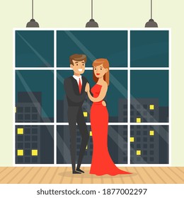 Beautiful Couple Having Romantic Date, Pretty Woman In Elegant Red Dress And Man In Black Suit Dancing Against Background Of Night City Outside Window Cartoon Vector Illustration