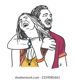 Hermosa pareja abrazándose y riendo juntos ilustraciones de líneas vectoriales