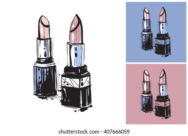 Beautiful couple lipstick vector hand drawn fashion sketch. Label with glamour vogue couple lipstick. Isolated element on white, pink and blue background. Fashion vector illustration.