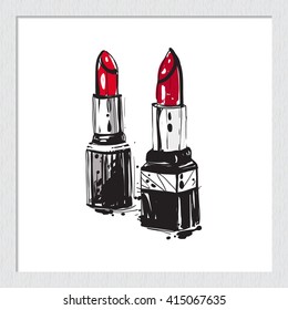 Beautiful couple lipstick vector hand drawn fashion sketch. Label with glamour vogue couple lipstick. Isolated element on white backdrop in wooden frame. Fashion vector illustration.