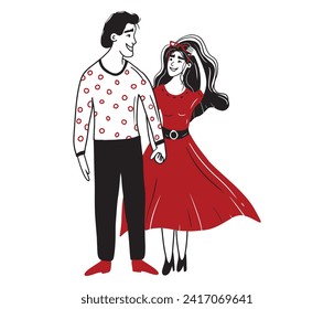 Beautiful couple looking at each other in red and black isolated on white. Girl with sunglasses in red dress on hills is standing and looking at the boyfriend and holding his hand. Love, relations