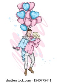 Beautiful couple in love. A man and a girl in winter clothes are walking around the city. A man holds a woman in his arms. Valentine's Day. Love, romance. Vector illustration. 