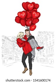 Beautiful couple in love. A man and a girl in winter clothes are walking around the city. A man holds a woman in his arms. Valentine's Day. Love, romance. Vector illustration. 