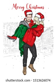 Beautiful couple in love. Snow, winter, christmas and new year. A man and a girl in winter clothes are walking around the city. A man holds a woman in his arms. Love and romance. Vector illustration.