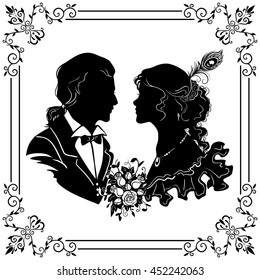 Beautiful couple in love. Wedding in retro style. Black silhouette isolated on white background in vintage frame. Vector illustration