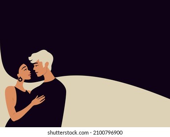 Beautiful couple in love. Woman with flowing hair. Cartoon man and woman looking at each other. Vector illustration for Valentine's Day. Boyfriend and girlfriend.