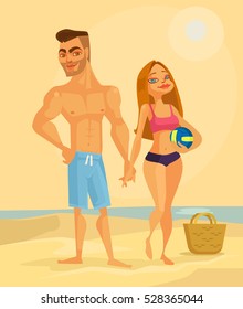 Beautiful couple of lovers characters on the beach. Vector flat cartoon illustration