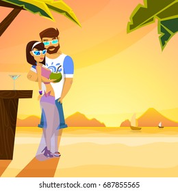 Beautiful couple of lovers characters on the beach. Vector illustration