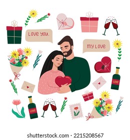 Hermosa pareja de amantes abrazándose, objetos para el Día de San Valentín, botella de vino, vasos de vino, regalos, ramo de flores, carta de amor. Ilustración vectorial.