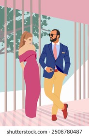 Hermosa pareja, hombre y mujer vistiendo ropa formal para la fiesta de la noche, cóctel, evento, boda de pie en la terraza de un edificio de lujo. Ilustración plana de Vector.