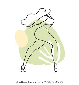 A beautiful couple are moving. Lovers dance bachata, salsa. Gentle line art with spots. Minimalism