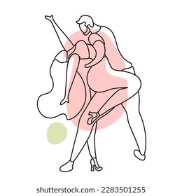 A beautiful couple are moving. Lovers dance bachata, salsa. Gentle line art with spots. Minimalism