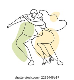 Una hermosa pareja se está moviendo. Los amantes bailan bachata, salsa. Arte de líneas suaves con puntos. Minimalismo