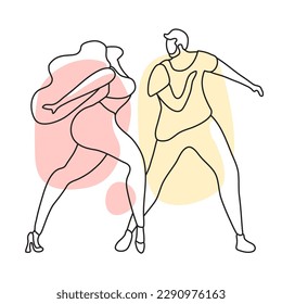 Una hermosa pareja se está moviendo. Los amantes bailan bachata, salsa. Arte de líneas suaves con puntos. Minimalismo