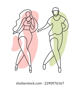 A beautiful couple are moving. Lovers dance bachata, salsa. Gentle line art with spots. Minimalism