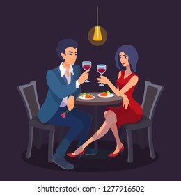 Beautiful couple on a date sit together at table with food, raise their glasses, look at each other. Two people have an evening meal. Dark color background. Vector cartoon flat style illustration.