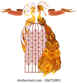 Beautiful couple peacocks or phoenixes in the birdcage. Golden, orange and yellow phoenix or peacock feathers design. Ribbon with text.  Isolated on white background. Vector illustration.