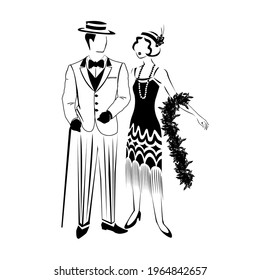 Beautiful Couple in retro evening clothes 1920. Vector silhouette of a man and a woman in vintage style drawn by lines for decorating a flyer, postcard or label