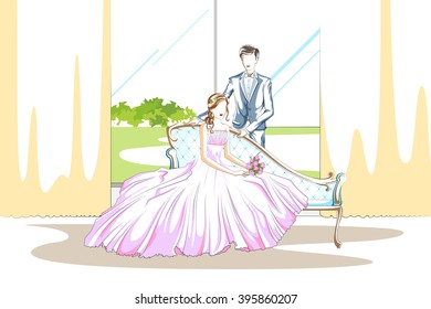 Beautiful couple in romantic mood . Vector illustration