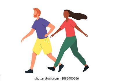 Beautiful couple running together. Man and woman walking. Flat vector illustration on a white isolated background.