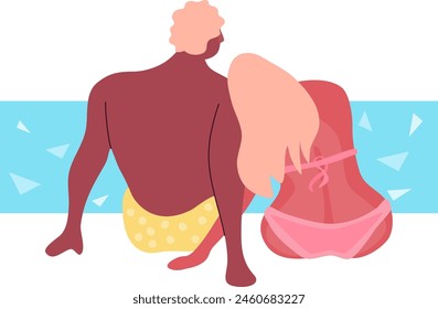 Beautiful couple sitting at the seaside. Romantic beach vacation. Enjoy summer holiday.