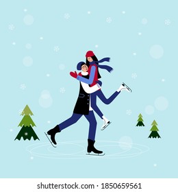 A beautiful Couple is Skating together on Ice Rink. A men and women are Dancing on Ice, man hugs his partner and she feels safe. Winter sport and winter activities. Active holiday recreation outdoor.