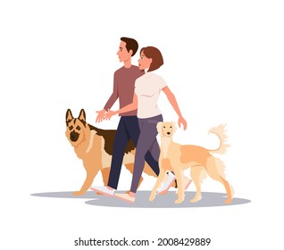 Hermosa pareja caminando perros. Vector aislado en fondo blanco
