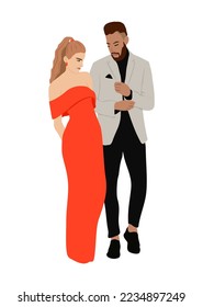 Beautiful couple wearing evening formal outfit for celebration, wedding, Christmas Eve or New Year party. Happy man and woman in luxury clothes. Vector realistic illustration isolated on white.