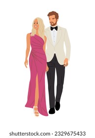 Beautiful couple wearing evening formal outfit for celebration, wedding, event, party. Happy man and woman in gorgeous clothes vector realistic illustration isolated on white background