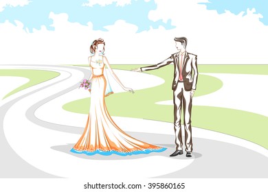 Beautiful couple in wedding ceremony . Vector illustration