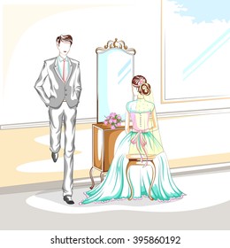 Beautiful couple in wedding ceremony . Vector illustration