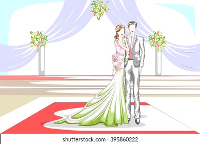 Beautiful couple in wedding ceremony . Vector illustration