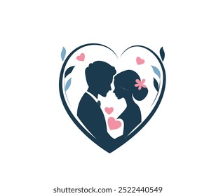 Beautiful couple wedding heart shape silhouette logo