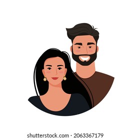 Beautiful couple, young woman and man, portraits. Vector illustration in flat style.