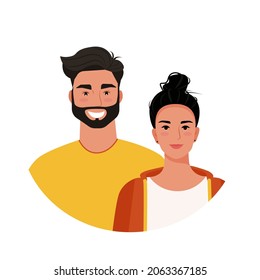 Beautiful couple, young woman and man, portraits. Vector illustration in flat style.