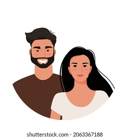 Beautiful couple, young woman and man, portraits. Vector illustration in flat style.