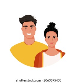 Beautiful couple, young woman and man, portraits. Vector illustration in flat style.