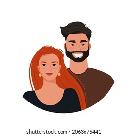 Beautiful couple, young woman and man, portraits. Vector illustration in flat style.