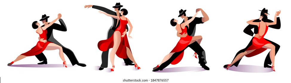 Beautiful couples dancing tango. A woman in a red dress and a man in a black suit and hat. Vector illustration in a flat style in red and black. A set of dancing characters.