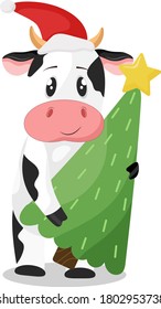 
a beautiful cow with black spots to a red hat holds a green Christmas tree