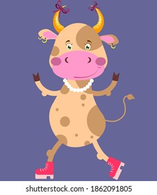 Beautiful cow with bows. Vector illustration for greeting card, print, poster and invitation.