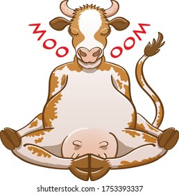 Beautiful cow with brown and white fur, long tail and big udder performing a lotus position while closing its eyes. It is perfectly devoted to meditation while changing its natural moo into an oom
