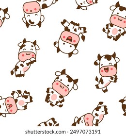 Beautiful cow cartoon character. Seamless pattern. Cute kawaii farm animal. Hand drawn style. Vector drawing. Design ornaments.