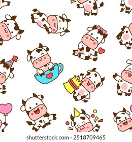 Beautiful cow cartoon character. Seamless pattern. Cute kawaii farm animal. Hand drawn style. Vector drawing. Design ornaments.