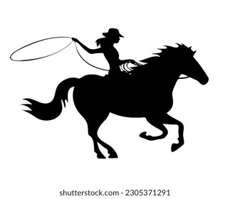 Beautiful cowboy girl in a hat rides a horse. Athletic agile woman swinging rope lasso. Wild West, western, rodeo and horse racing. Vector illustration isolated on white background. Black silhouette