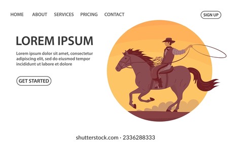 Beautiful cowboy girl in a hat rides a horse. Athletic agile woman swinging rope lasso. Wild West, western, rodeo and horse racing. Design for poster, banner, website. Cartoon vector illustration