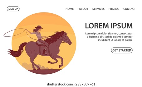Beautiful cowboy girl in a hat rides a horse. Athletic agile woman swinging rope lasso. Wild West, western, rodeo and horse racing. Design for poster, banner, website. Cartoon vector illustration