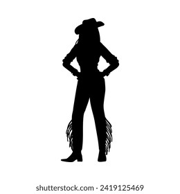 Beautiful cowgirl black silhouette. American retro western rodeo girl vector outline illustration. Vintage swag cowgirl fashion. Woman dressed in wild west style