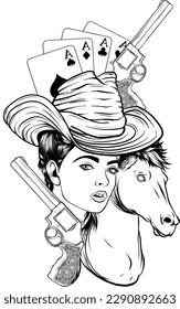 beautiful cowgirl and cowboy wearing hat and horse head black and white vector silhouette design