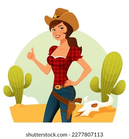 beautiful cowgirl in jeans and cowboy hat, smiling and giving thumbs up. Simple desert or prairie background. Retro style illustration of a country or rodeo woman. Cartoon character. Vector eps file.